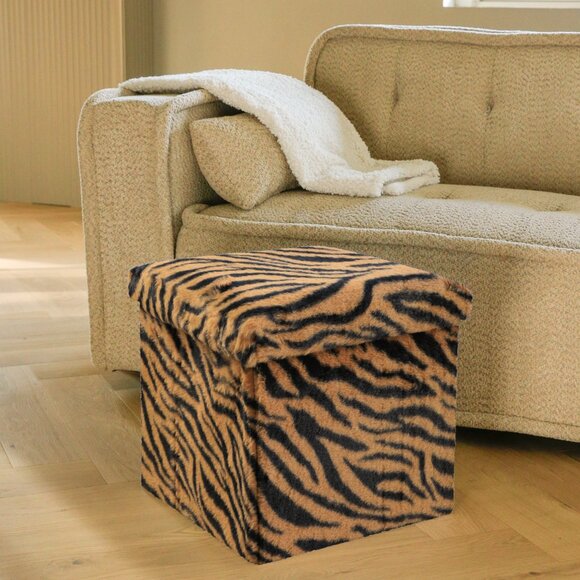 Go-Poufs Knock-Down Medium Cube Faux Fur Storage Ottoman | Tiger Tan/White - Picture 5 of 6